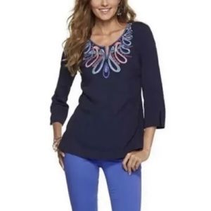 Lilly Pulitzer • Navy Blue Embroidered Beaded Tunic Top